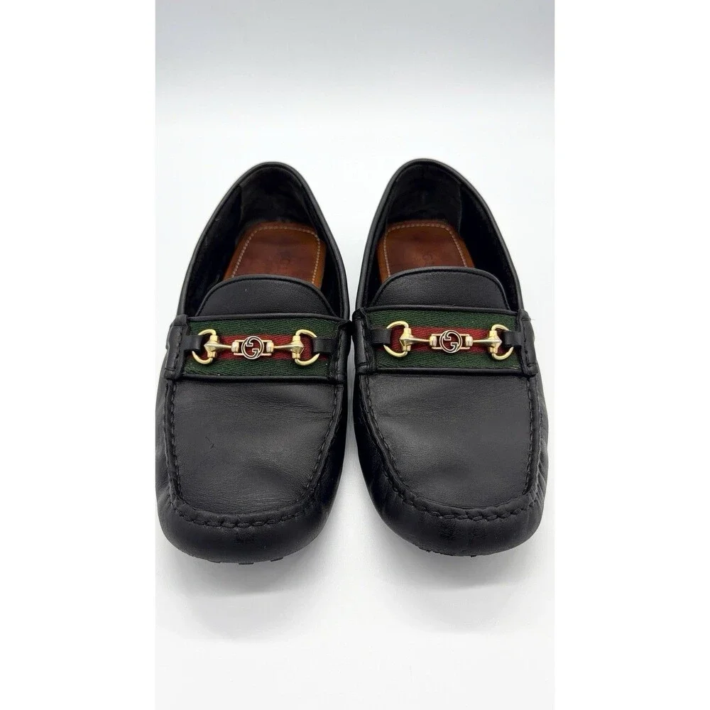 GUCCI Driver Men's Black Leather Horsebit With Web Loafers New UK 7 US 7.5